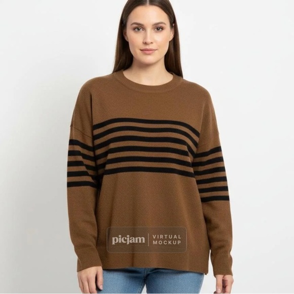 Thread & Supply Tan and Blue Striped Crew Neck Sweater - Picture 1 of 4